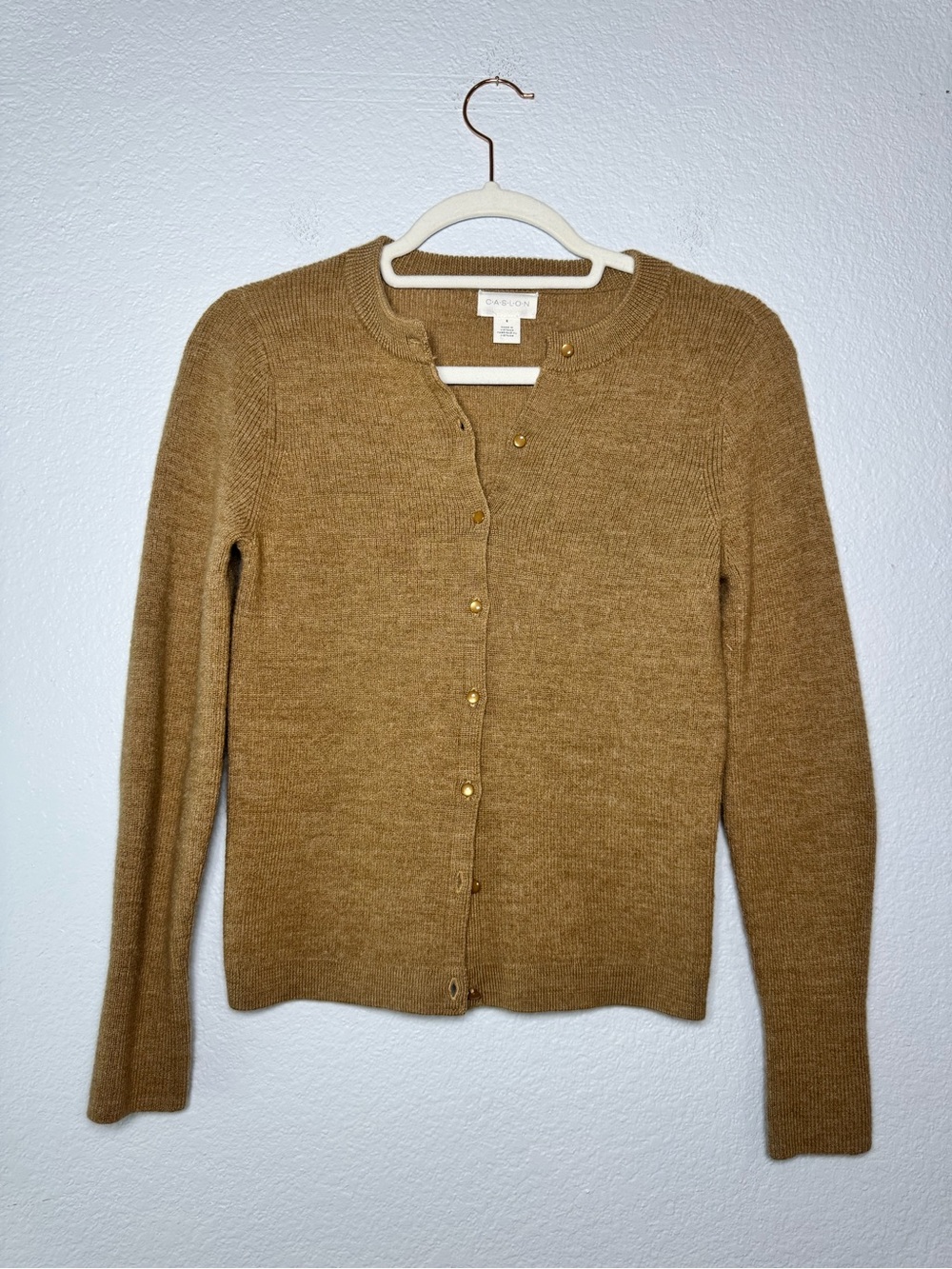 Caslon Camel Crewneck Button-Front Cardigan Sweater